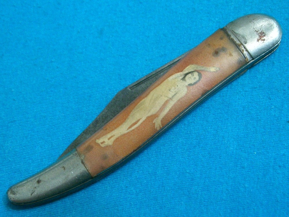 VINTAGE FANCY HANDLE HAMMER BRAND NAKED NUDE RISQUE FOLDING POCKET TOOTHPICK FISH KNIFE KNIVES OLD