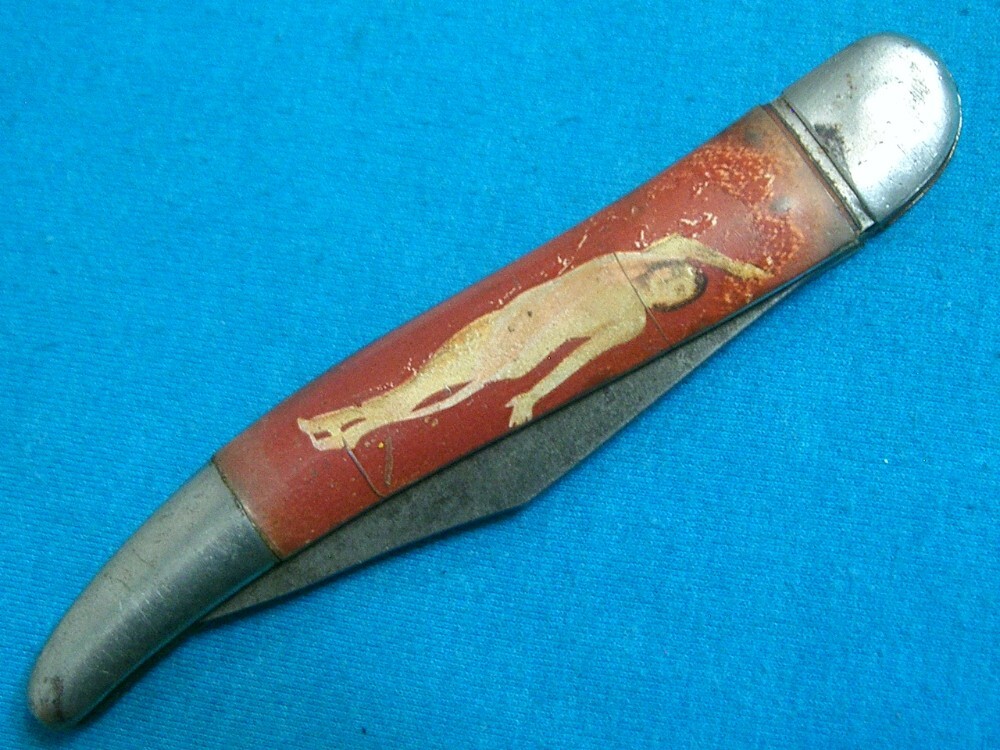 VINTAGE FANCY HANDLE HAMMER BRAND NAKED NUDE RISQUE FOLDING POCKET TOOTHPICK FISH KNIFE KNIVES OLD