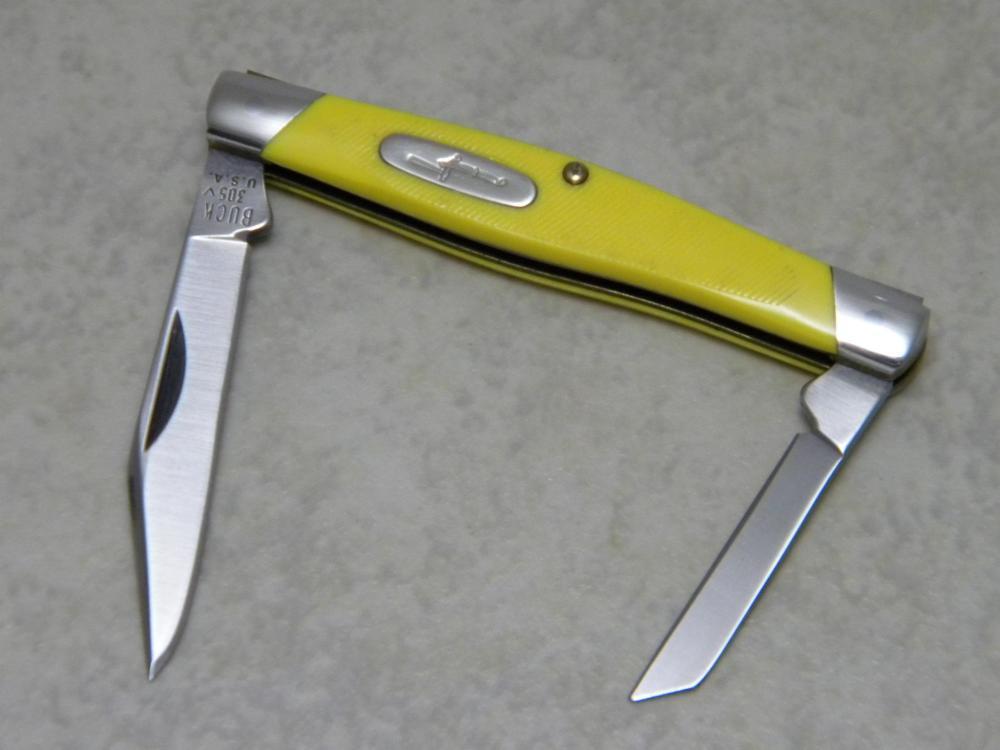 Buck 305 USA Yellow Saw Cut Delrin Lancer 2 Blade Stockman