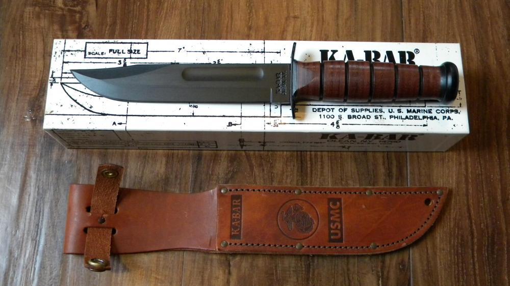 KABAR Olean, NY USA 1217 USMC Fighting Knife & Leather Sheath in Box