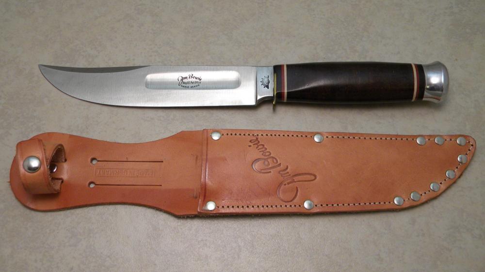 Carl Schlieper Solingen Germany Eye Brand Jim Bowie Stacked Leather Fixed Blade Sheath Knife