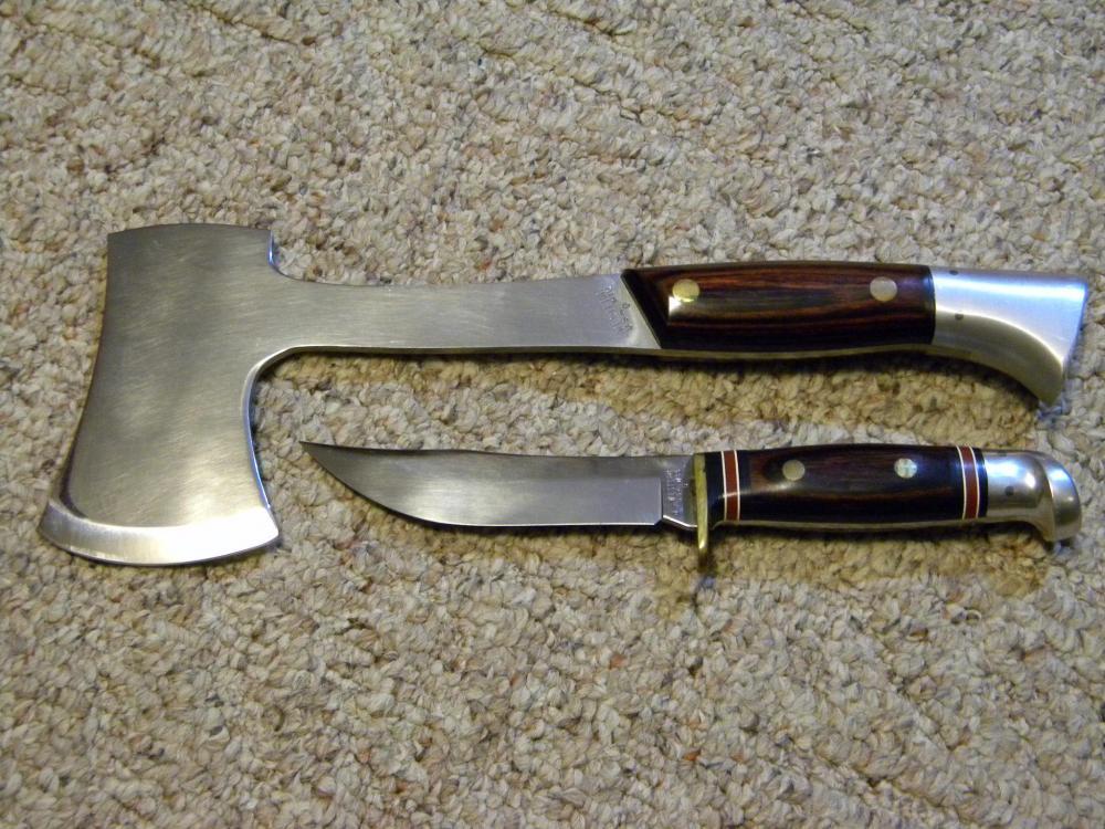 Western USA W66 & W10 D Wood Fixed Blade Knife & Axe Combo in Leather