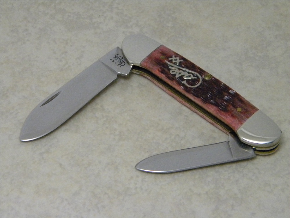 Case XX USA 2000 Cranberry Bone Silver Script Shield 62131 SS Canoe Knife
