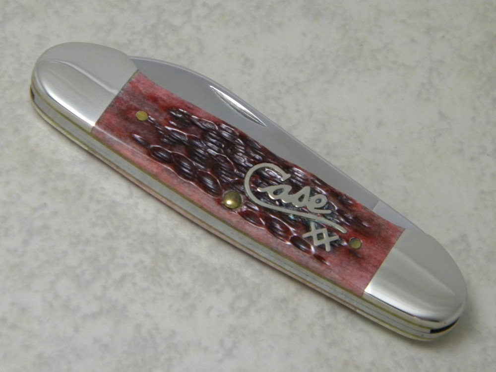 Case XX USA 2000 Cranberry Bone Silver Script Shield 62131 SS Canoe Knife