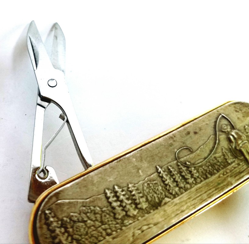 Vintage Barlow Japan Brass Multi-tool w/ Fisherman Scene Nail File