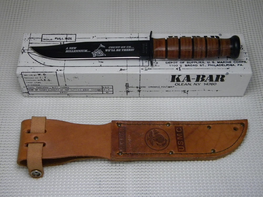 KaBar Olean, NY Stacked Leather USMC New Millennium Fixed Blade