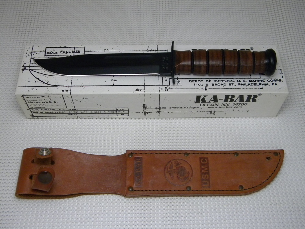 KaBar Olean, NY Stacked Leather 1217 USMC Fixed Blade Fighting Knife