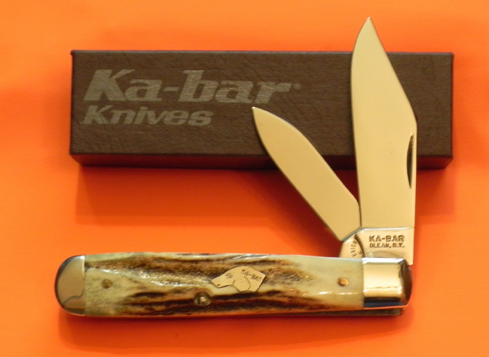 Vintage Ka Bar Dog Head 2 Blade Jack Knife W Fat Boy Gnarly Stag Handles Nos M Nm
