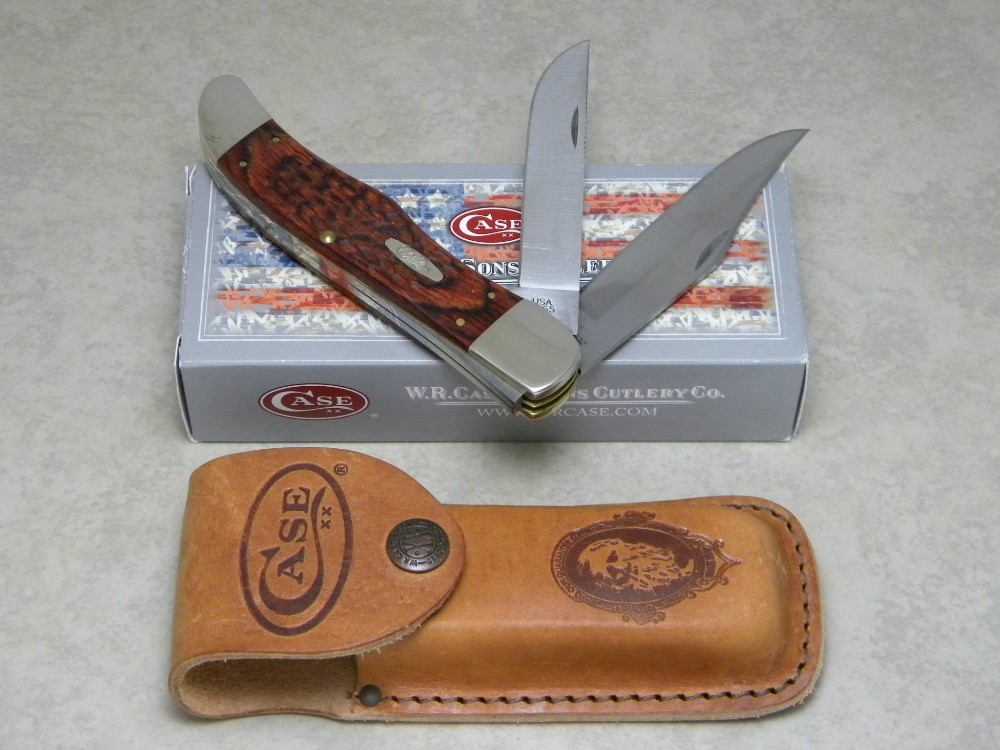 Case XX USA 3Dot Wood 6265 SS Folding Hunter Knife NIB w/Leather Pouch