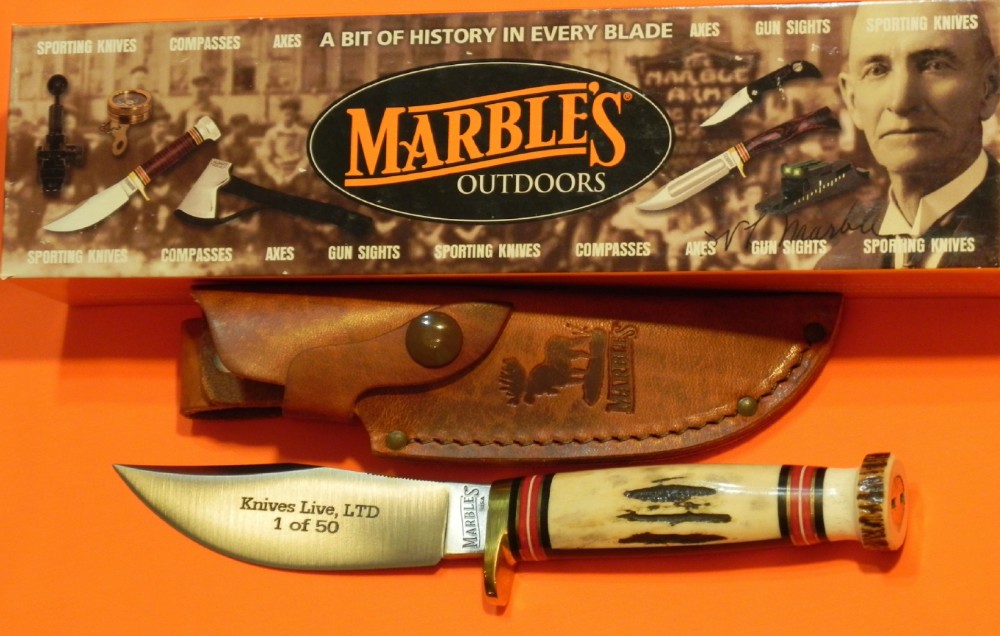 Marbles USA WoodCraft Hunting Knife w Rare Slab Stag Handles & Stag Pomel +Sheath & Box 1 of 50