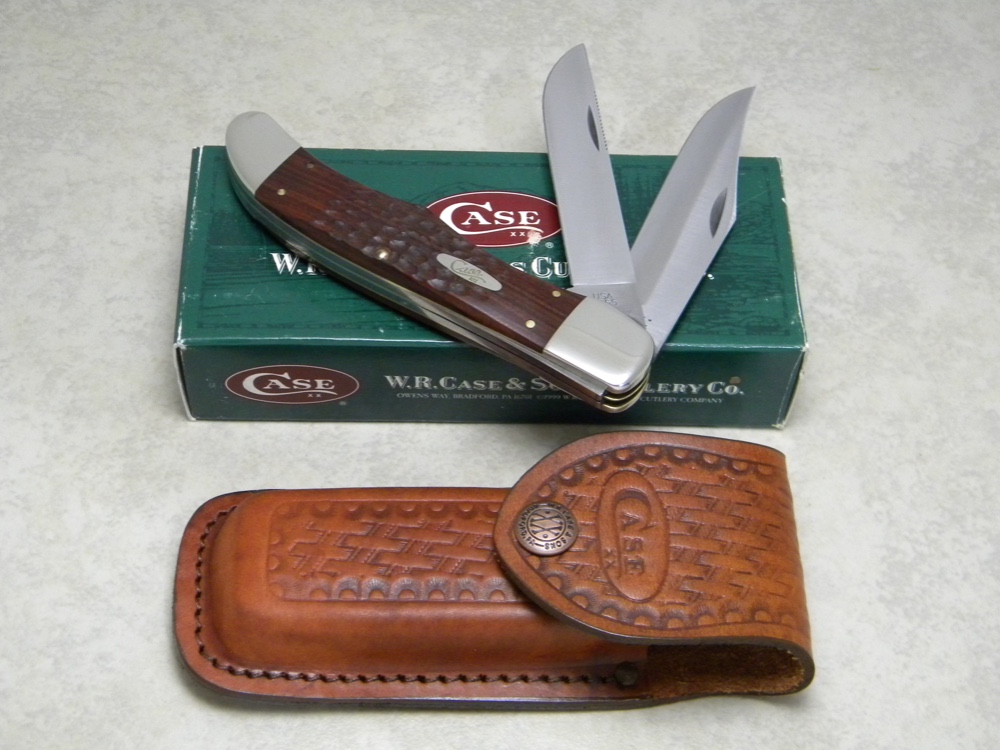 Case XX USA 2001 Wood 6265 SS Folding Hunter Knife NIB w/Leather Pouch