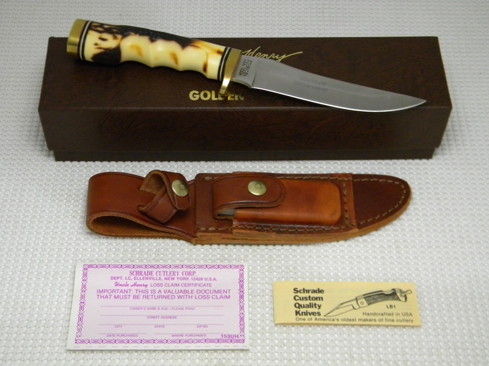 Schrade + USA 153UH Uncle Henry Staglon Golden Spike Fixed Blade Knife w/Sheath in Box