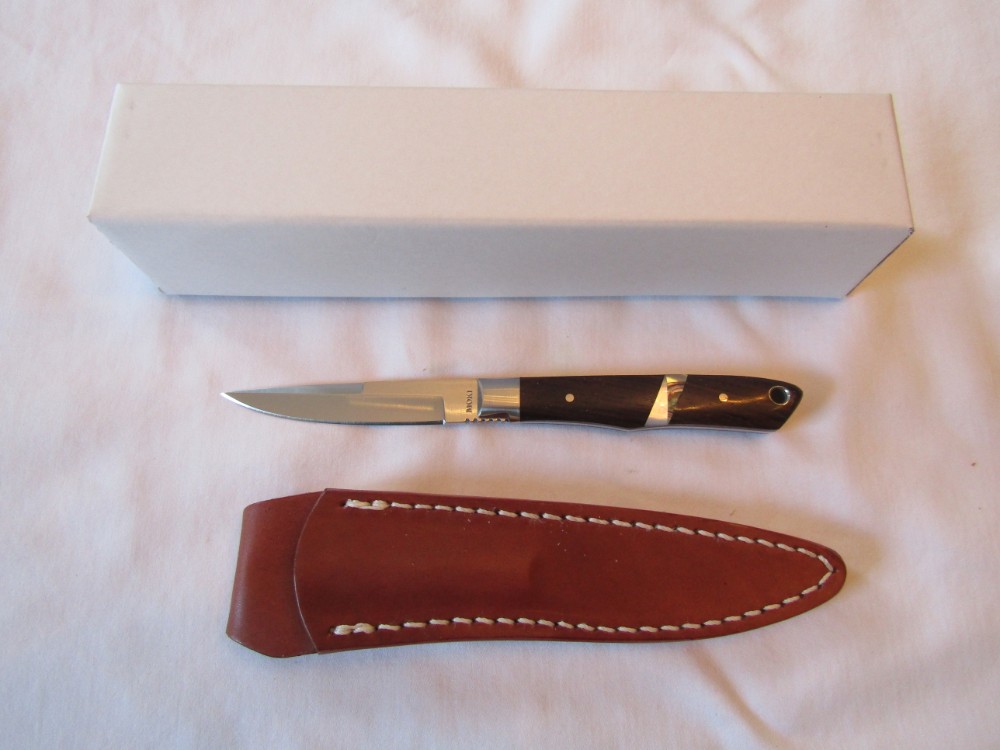 Moki Bird & Trout Knife AUS 8 Steel Rosewood Abalone MOP with Leather