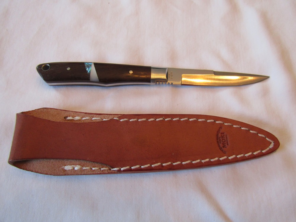Moki Bird & Trout Knife AUS 8 Steel Rosewood Abalone MOP with Leather