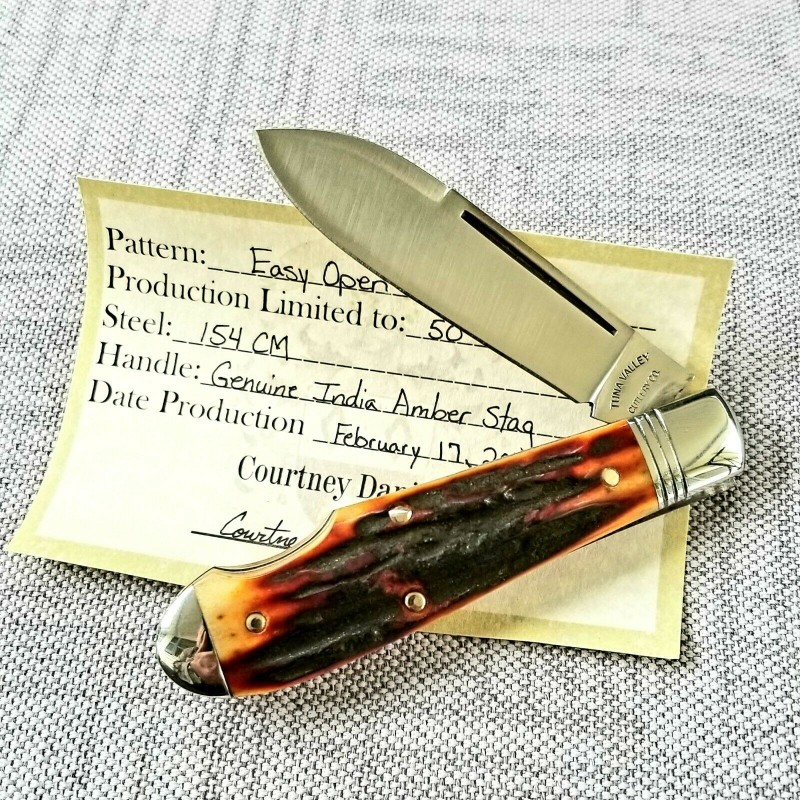 TUNA VALLEY AMBER SAMBAR STAG TEARDROP EO KNIFE,NIB 1/50,W/GEC SLIP