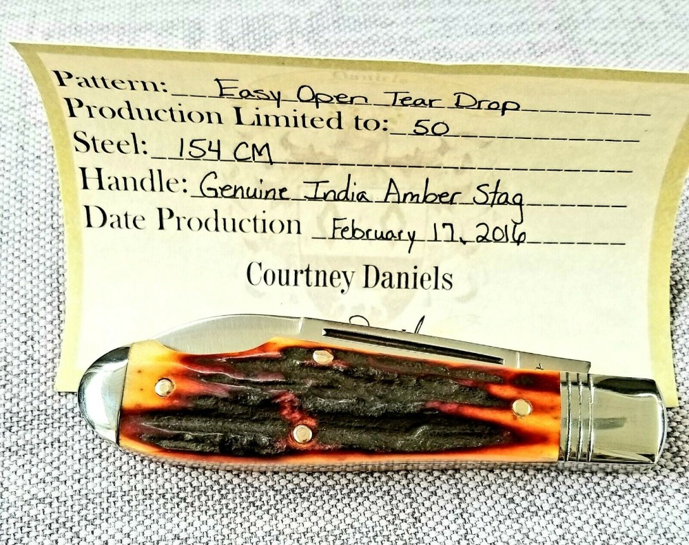 TUNA VALLEY AMBER SAMBAR STAG TEARDROP EO KNIFE,NIB 1/50,W/GEC SLIP