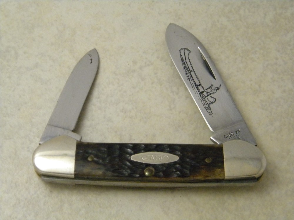 Case XX USA 8 Dot Jigged Bone 62131 Etched Canoe Knife