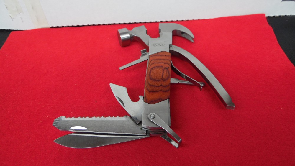 SHEFFIELD STAINLESS AND WOOD HAMMER MULTITOOL IN SHEATH UNUSED 11