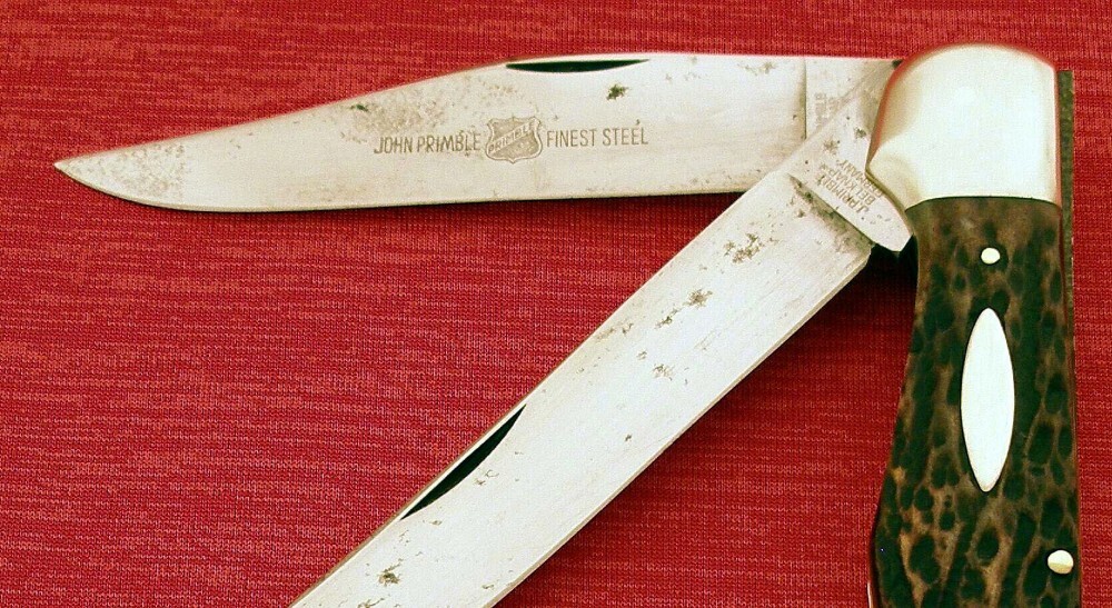 JOHN PRIMBLE BELKNAP Germany 7007 Old Bone FOLDING HUNTER Etch Knife 1950's