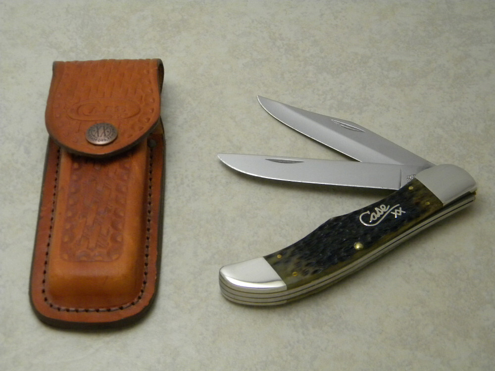 Case XX USA 9 Dot Green Bone 6265 Folding Hunter Knife w/Leather Pouch