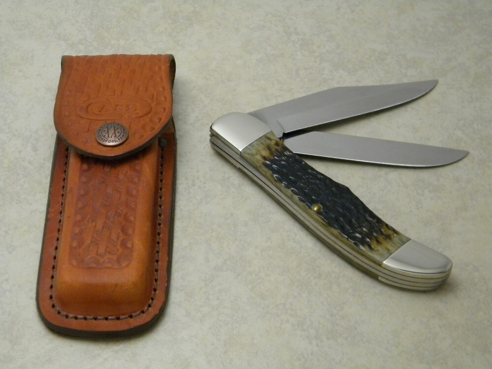 Case XX USA 9 Dot Green Bone 6265 Folding Hunter Knife w/Leather Pouch