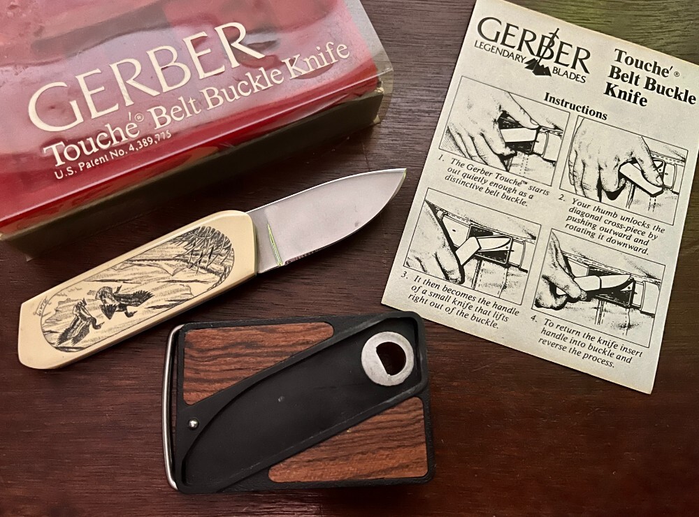 Vintage Gerber Touche Belt Buckle Knife, With Original Box & Paper