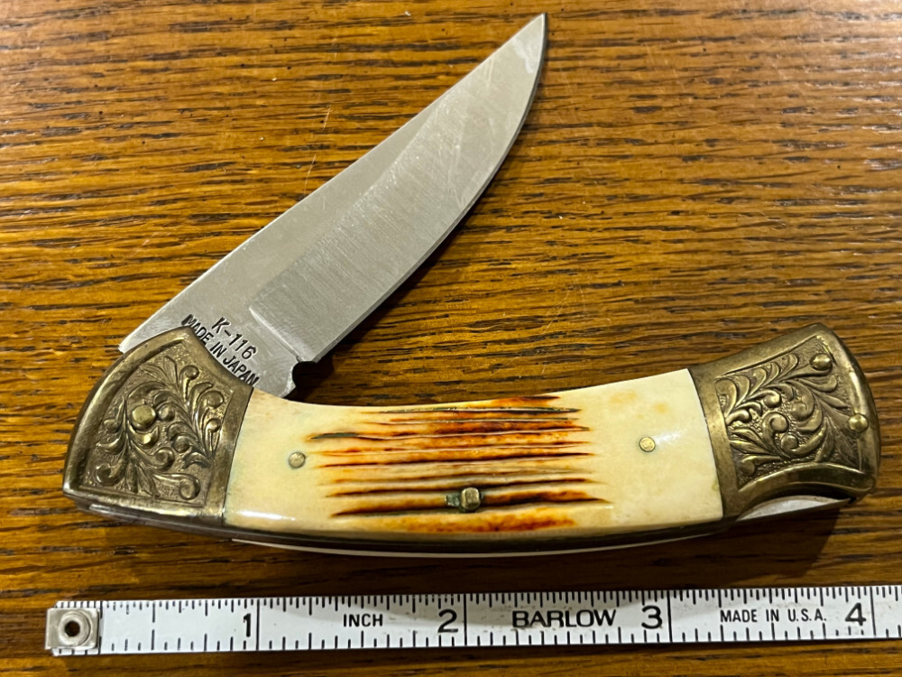 Parker-IMAI K-116 Bald Ruler Lockback Knife w/Scrimshaw Bone Scales ...