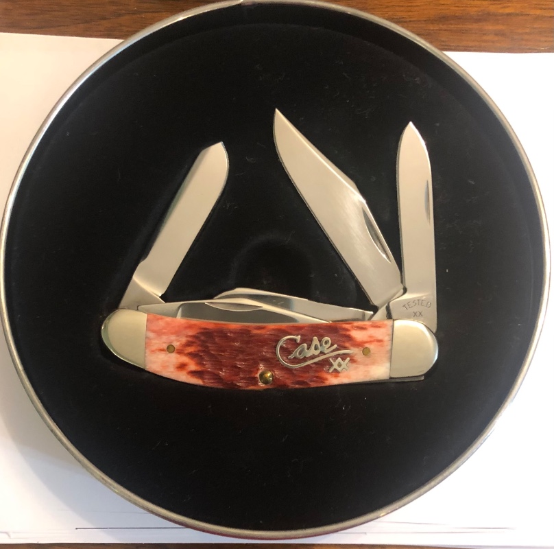New in Tin 2002 Case. Cranberry 5 Blade Silver Script Sowbelly