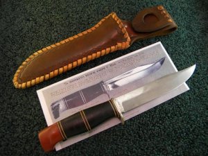Rare Harry Morseth Bowie with Original Leather Safe-Lock Sheath - C. 1960 Brusletto Blade