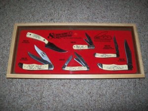 Schrade USA Scrimshaw Display w/Knives C. 1980 - 500 SC, 502 SC, 503 SC, 505 SC, 506 SC, & 508 SC