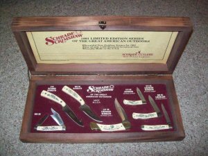 Schrade USA Scrimshaw 1991 7 Knife Serialized Display Set 1 of 1500  in Wood Display