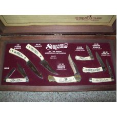 Schrade USA Scrimshaw 1991 7 Knife Serialized Display Set 1 of 1500 in Wood Display Schrade USA Scrimshaw 1991 7 Knife Serialized Display Set 1 of 1500 in Wood Display