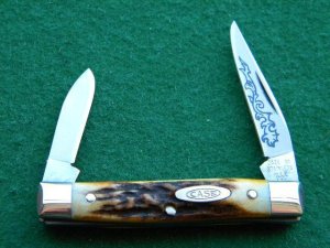 Case XX Stainless USA 52033 SSP 3 Dot (1977) Blue Sroll Stag 2 Blade Pen Knife - Mint