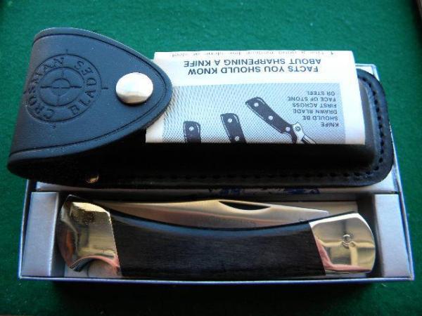 Crosman Blades 956A Stainless USA Wood Lockback Knife & Leather Pouch - NIB