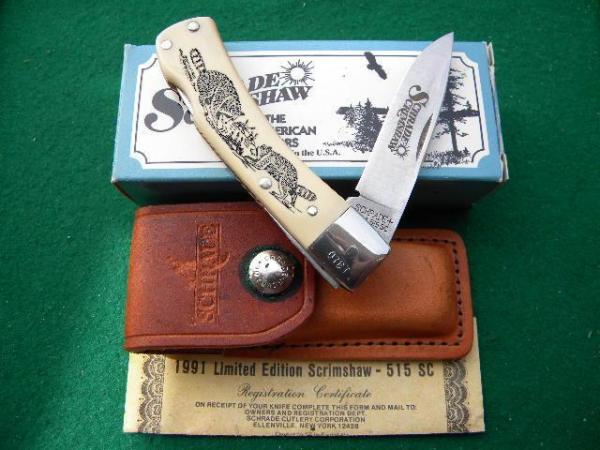 Schrade + USA SC515 Lockback and Pouch Raccoons Scrimshaw - NIB Schrade + USA SC515 Lockback and Pouch Raccoons Scrimshaw - NIB