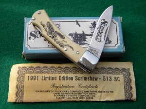 Schrade + USA SC513 Lockback Bird Catching Fish Scrimshaw - NIB