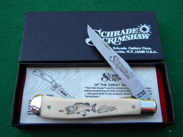 Schrade USA SC503 Slimline Trapper Linerlock Bass Scrimshaw - NIB Schrade USA SC503 Slimline Trapper Linerlock Bass Scrimshaw - NIB