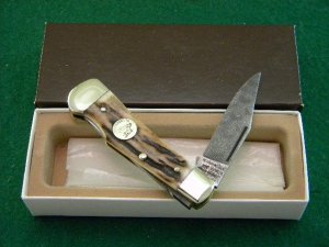 Weidmannsheil Solingen Germany Stag Damascus Lockback Knife - NIB