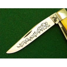 Case XX Stainless USA 3 Dot (1977) Stag 5254 SSP Blue Scroll Trapper Knife - Mint Case XX Stainless USA 3 Dot (1977) Stag 5254 SSP Blue Scroll Trapper Knife - Mint