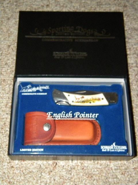 Schrade + USA Sporting Dogs Commemorative Scrimshaw English Pointer Lockback Knife and Pouch - NIB