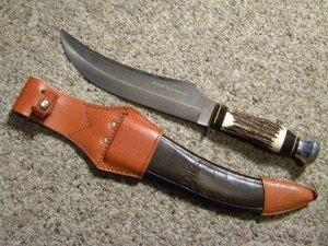 Carl Schlieper Solingen Germany Eye Stag Jim Bowie Original Buffalo Skinner Sheath Knife-  C. 1980's