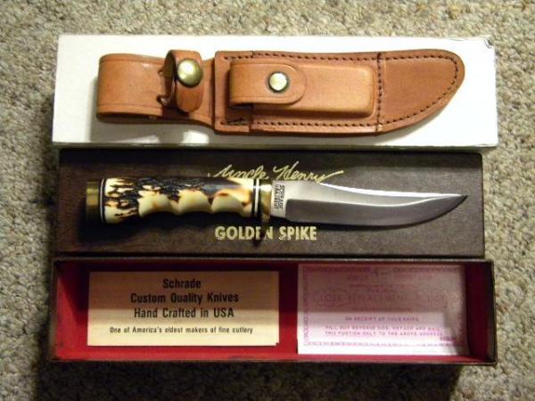Schrade USA Uncle Henry Staglon 153UH Golden Spike Fixed Blade Sheath Knife - NIB Schrade USA Uncle Henry Staglon 153UH Golden Spike Fixed Blade Sheath Knife - NIB