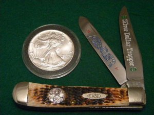Case XX USA 1991 Rogers Bone ROG6254 SS Silver Dollar Trapper Knife & Coin Set - NIB