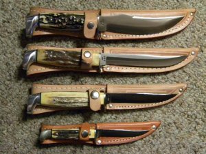 Case XX USA 1977 Blue Scroll Stag Sheath Knife Set 4 Knives