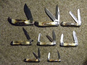 Case XX Stainless USA 3 Dot (1977) Blue Scroll Stag Set 8 Knives