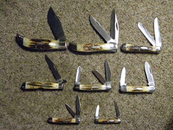 Case XX Stainless USA 3 Dot (1977) Blue Scroll Stag Set 8 Knives