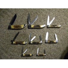 Case XX Stainless USA 3 Dot (1977) Blue Scroll Stag Set 8 Knives