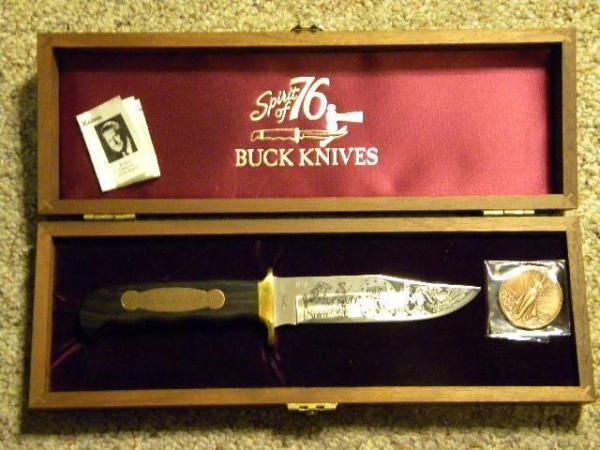 Buck Spirit of 76 Aurum Etch Wood Sheath Knife & Medallion - NIB