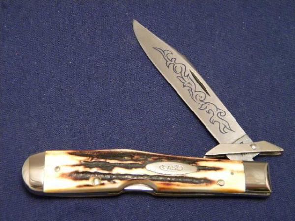 Case XX Stainless USA 3 Dot (1977) Stag 5111 1/2 Blue Scroll Knife - Mint Case XX Stainless USA 3 Dot (1977) Stag 5111 1/2 Blue Scroll Knife - Mint