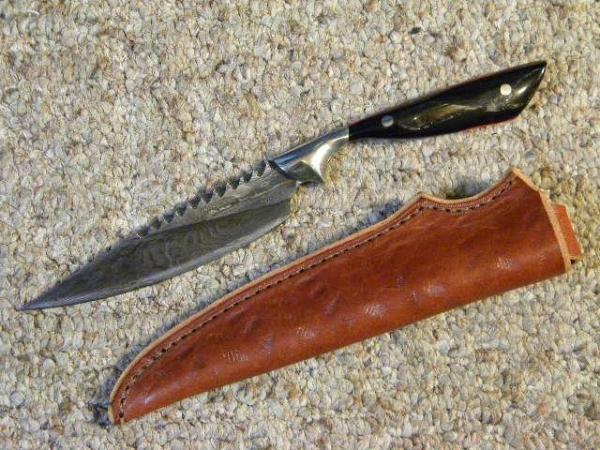 Custom Horn Handle Fixed Blade Damascus Sheath Knife by Chris Peterson Salina, UT USA